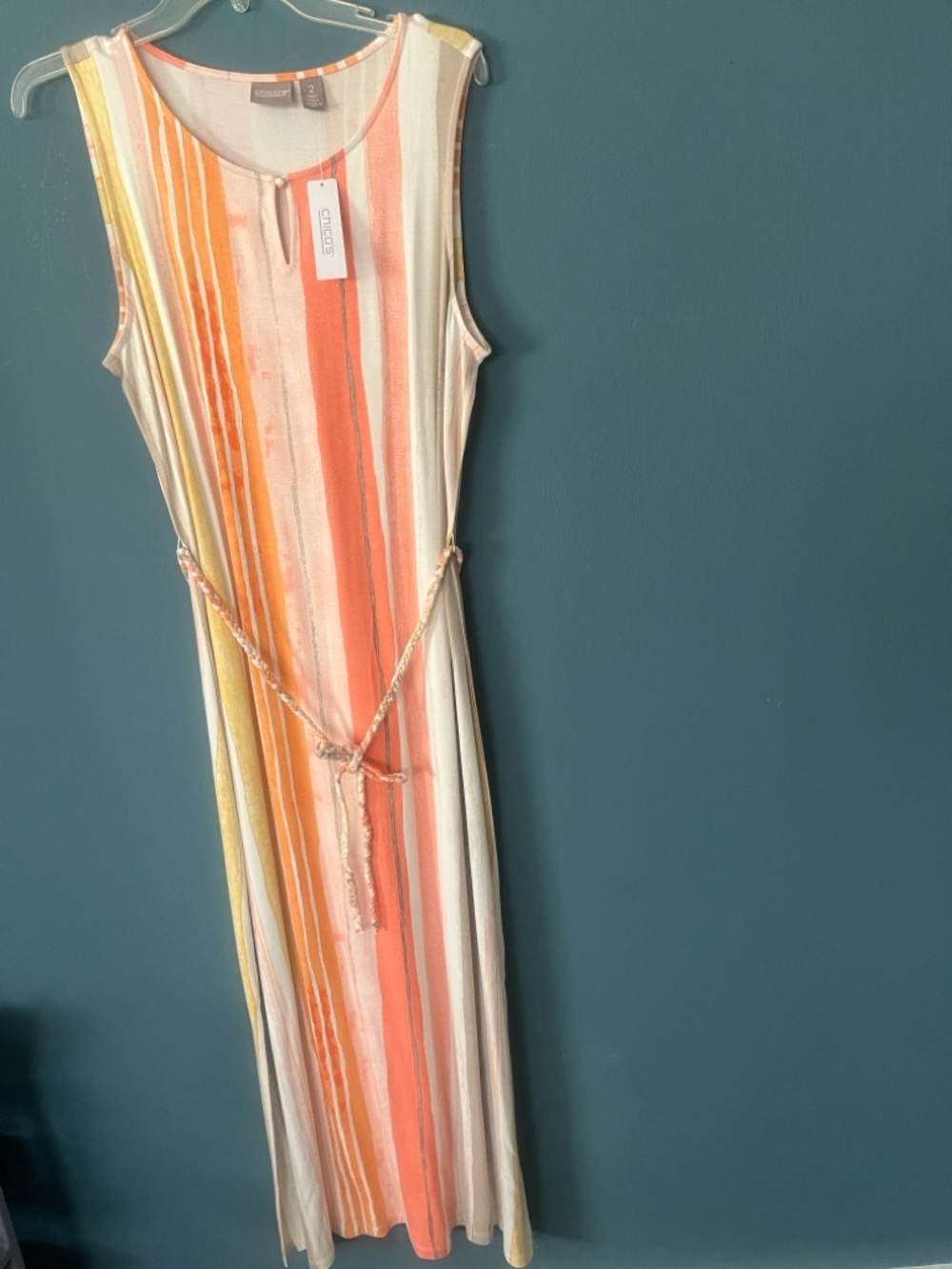Chico's Striped Sleeveless Maxi Dress in Coral, Yellow & Cream
